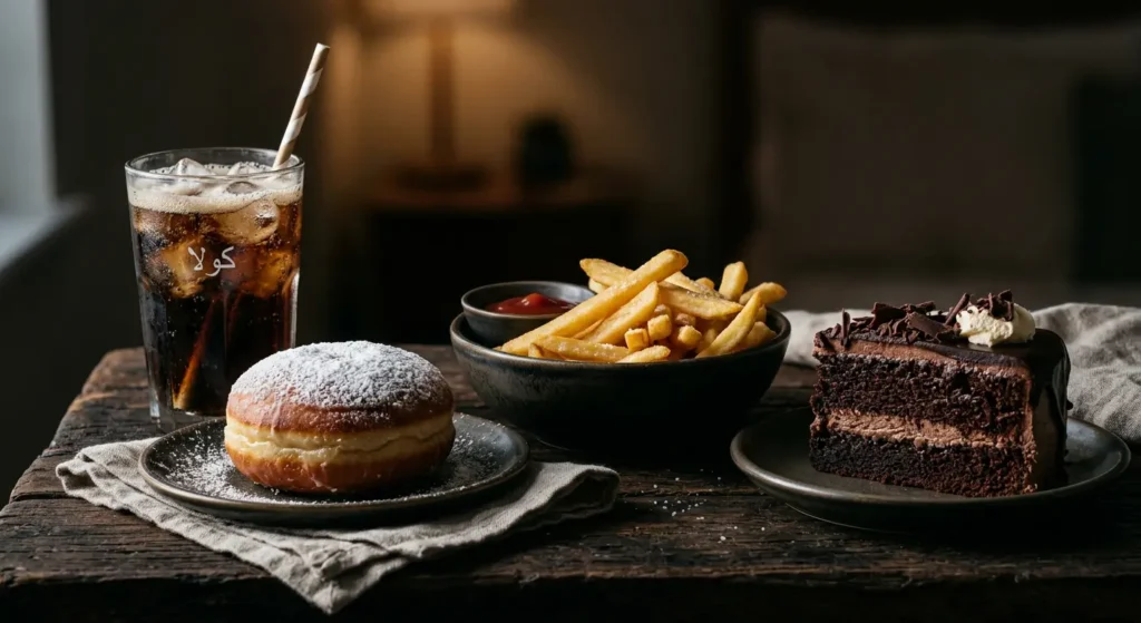 مجموعة من الأطعمة الضارة للبشرة تشمل المشروبات الغازية والحلويات السكرية والأطعمة المقلية التي تسرع شيخوخة الجلد