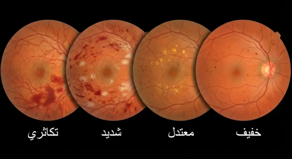  أربع صور لقاع العين تُظهر المراحل الأربع لاعتلال الشبكية السكري من الخفيف إلى التكاثري مرتبة من اليمين إلى اليسار