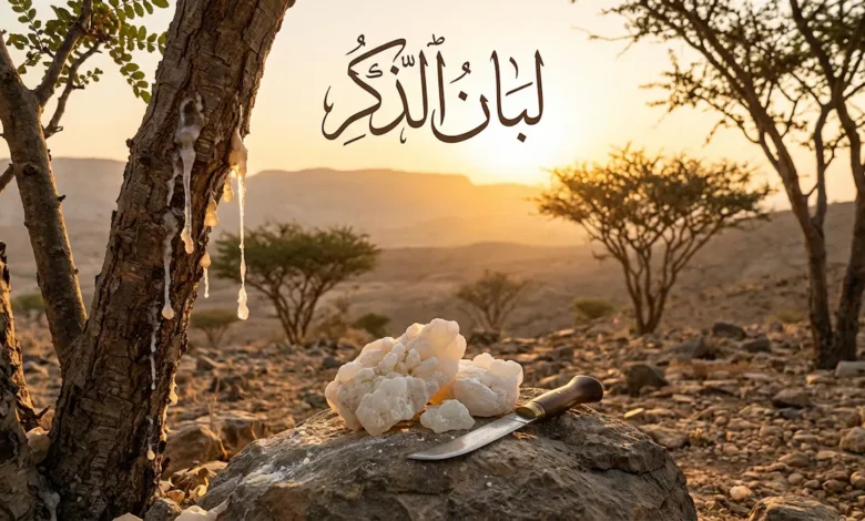 لبان الذكر الحوجري في محافظة ظفار مع أشجار البوسويليا ساكرا عند الغروب