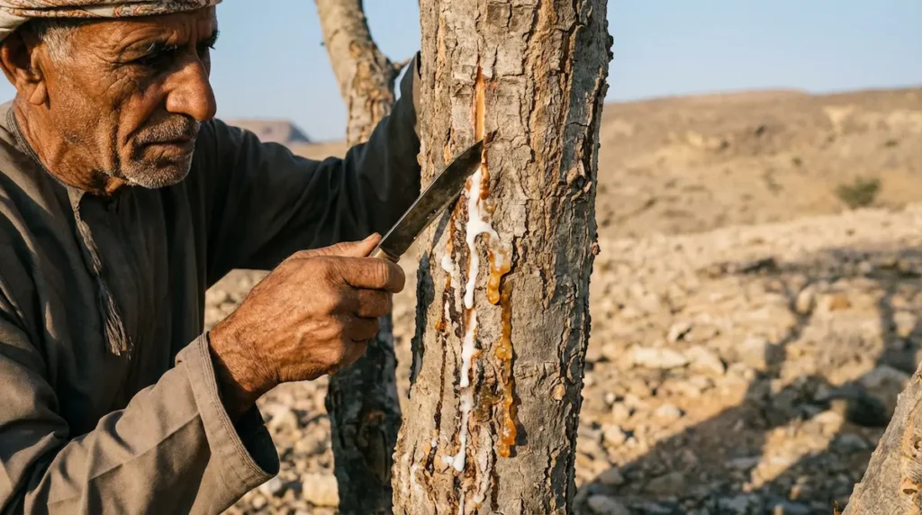 حصاد لبان الذكر الحوجري من شجرة البوسويليا ساكرا في ظفار