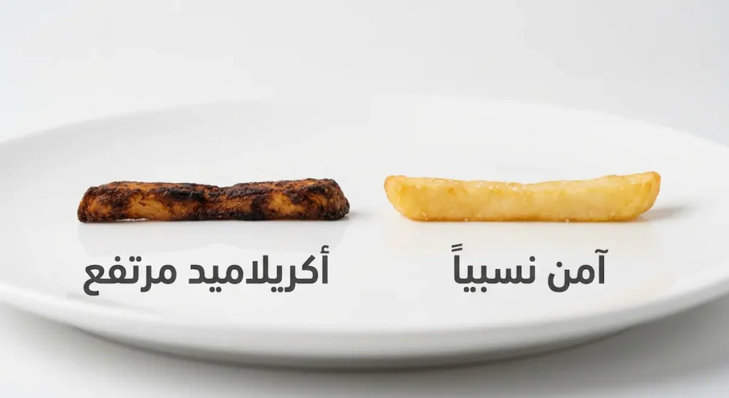  مقارنة بين بطاطس مقلية ذهبية فاتحة وبطاطس بنية داكنة محترقة توضح مستويات الأكريلاميد