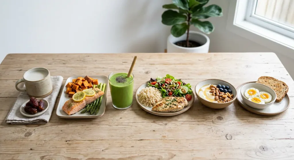 ست وجبات صغيرة تمثل خطة غذائية ليوم كامل لمريض يتلقى العلاج الكيماوي