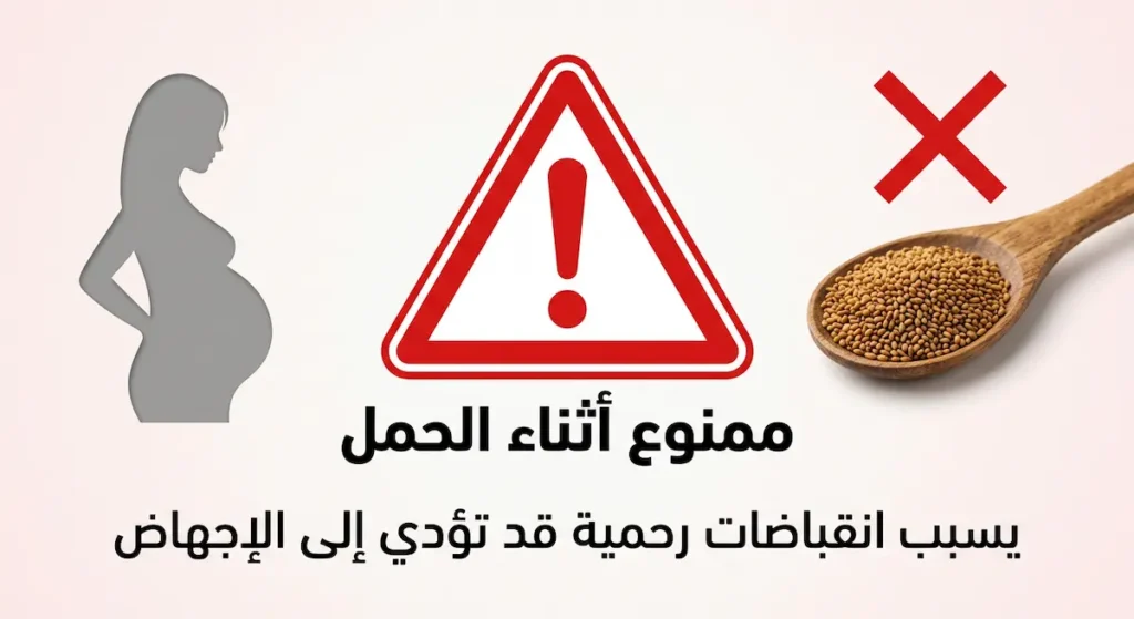 صورة تحذيرية طبية توضح أن تناول حب الرشاد ممنوع أثناء الحمل لأنه يسبب انقباضات رحمية قد تؤدي إلى الإجهاض