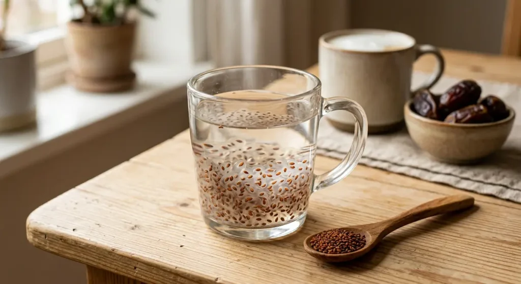 كوب زجاجي شفاف يحتوي على بذور حب الرشاد منقوعة في الماء وقد تكونت حولها طبقة هلامية شفافة وبجانبه ملعقة خشبية فيها بذور جافة