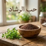 حفنة من بذور حب الرشاد البنية في وعاء خشبي بجانب أغصان خضراء طازجة من نبات الرشاد على طاولة خشبية بإضاءة طبيعية