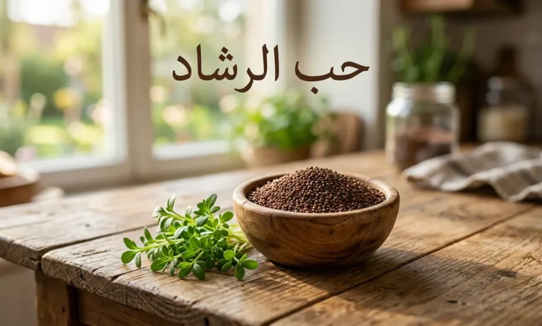 حفنة من بذور حب الرشاد البنية في وعاء خشبي بجانب أغصان خضراء طازجة من نبات الرشاد على طاولة خشبية بإضاءة طبيعية