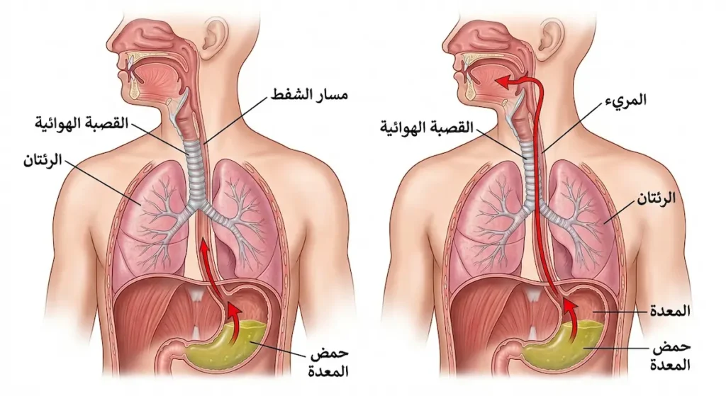 رسم تشريحي يوضح مسار شفط حمض المعدة من المعدة عبر المريء إلى القصبة الهوائية والرئتين
