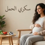امرأة حامل عربية تجلس بهدوء وتضع يدها على بطنها بجانب جهاز قياس سكر الدم وطبق خضروات مع نص سكري الحمل