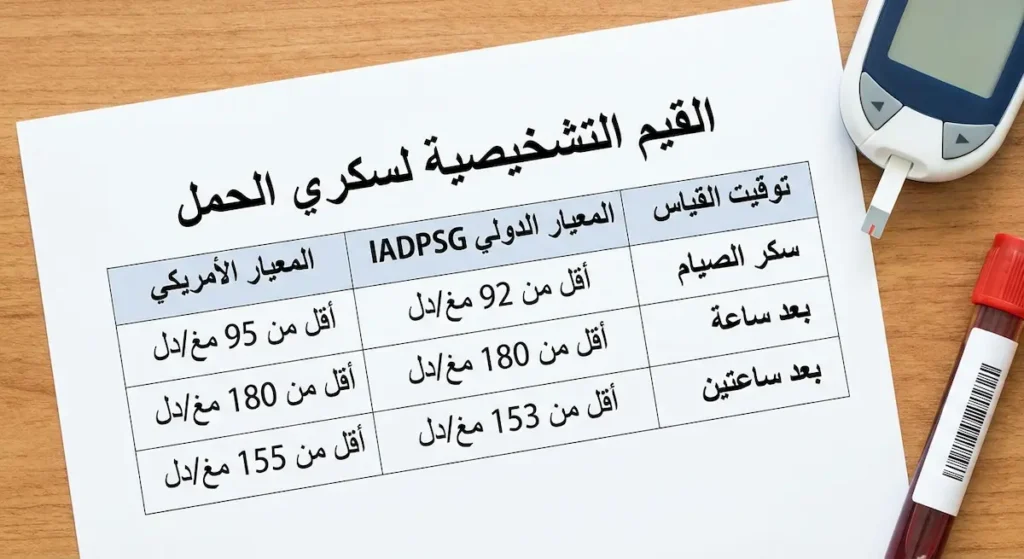 جدول طبي مطبوع يوضّح قيم سكر الصيام وبعد ساعة وبعد ساعتين لتشخيص سكري الحمل وفق المعيار الدولي والأمريكي