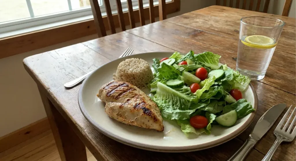 طبق واقعي يحتوي على صدر دجاج مشوي وكمية صغيرة من الأرز البني وسلطة خضراء كوجبة مناسبة لسكري الحمل