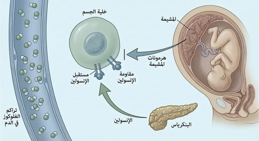 رسم توضيحي طبي يوضّح كيف تُسبب هرمونات المشيمة مقاومة الإنسولين وتراكم الغلوكوز في دم الأم الحامل