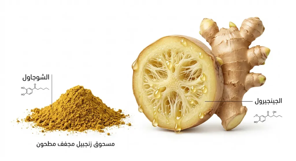 مقارنة بين الزنجبيل الطازج الغني بالجينجيرول والزنجبيل المجفف الغني بالشوجاول مع تسميات توضيحية