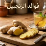 جذور زنجبيل طازجة ذهبية اللون مع شرائح مقطوعة وكوب مشروب زنجبيل دافئ على سطح خشبي مع عبارة فوائد الزنجبيل