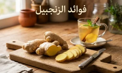 جذور زنجبيل طازجة ذهبية اللون مع شرائح مقطوعة وكوب مشروب زنجبيل دافئ على سطح خشبي مع عبارة فوائد الزنجبيل