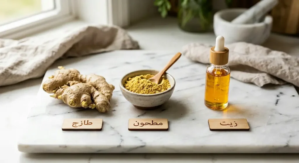  مقارنة بين ثلاثة أشكال من الزنجبيل: الطازج والمطحون والزيت مع تسميات توضيحية لكل نوع