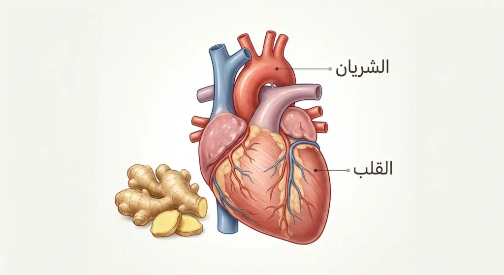  رسم توضيحي للقلب والشريان مع جذور زنجبيل يوضح تأثير الزنجبيل على صحة القلب والأوعية الدموية