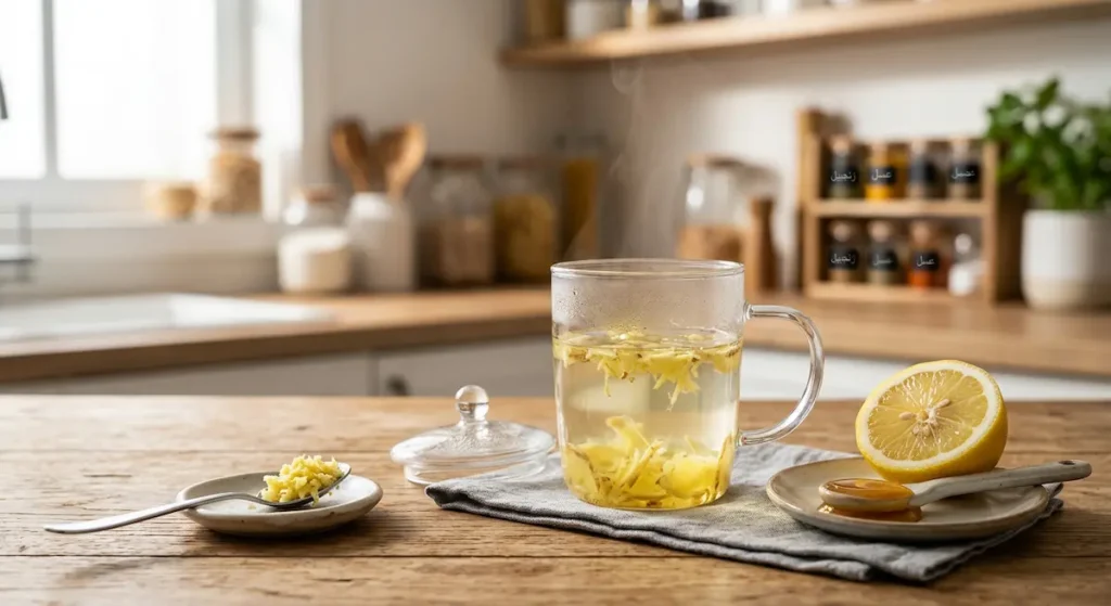  تحضير مشروب الزنجبيل الصحي بطريقة النقع مع شرائح زنجبيل طازجة في كوب ماء ساخن وليمون وعسل