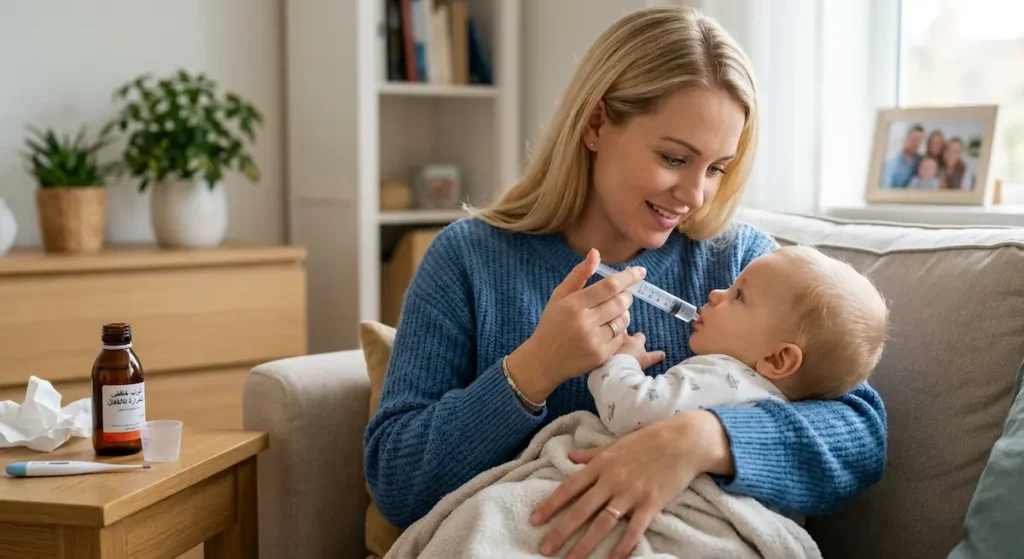 أم تعطي طفلها جرعة الباراسيتامول باستخدام المحقنة الطبية