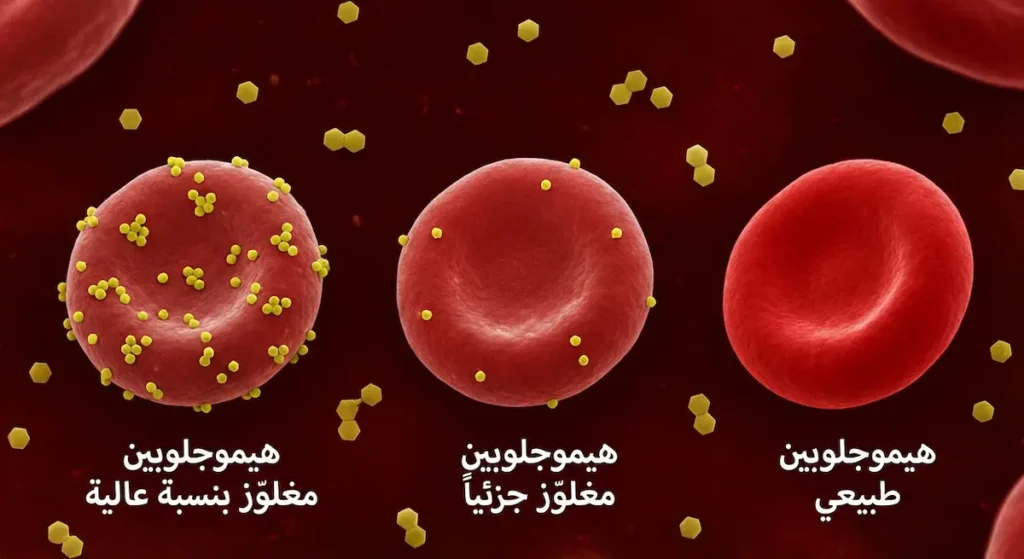 ثلاث خلايا دم حمراء تُظهر مراحل ارتباط الجلوكوز بالهيموجلوبين من هيموجلوبين طبيعي إلى هيموجلوبين مغلوَز بنسبة عالية