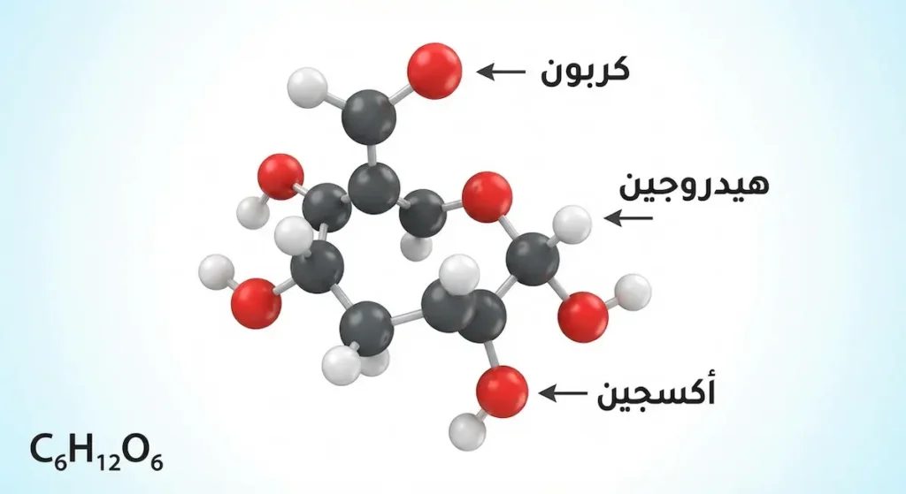 نموذج ثلاثي الأبعاد لجزيء الجلوكوز يوضح ذرات الكربون والهيدروجين والأكسجين مع الصيغة الكيميائية C6H12O6