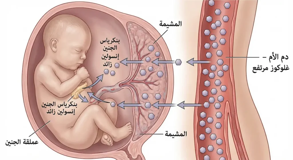 رسم توضيحي يوضّح عبور الغلوكوز الزائد من دم الأم عبر المشيمة إلى الجنين وإفراز بنكرياسه إنسوليناً زائداً يسبب العملقة