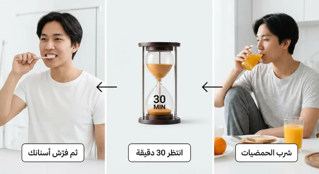 تسلسل الخطوات الصحيحة بعد تناول الحمضيات: الانتظار 30 دقيقة قبل تفريش الأسنان