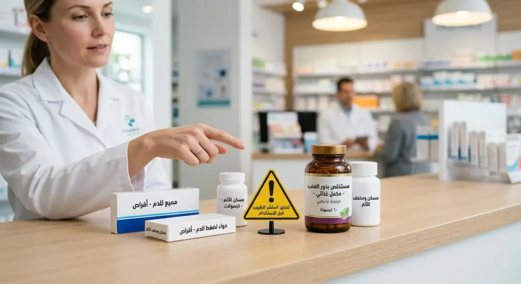 عبوة مستخلص بذور العنب بجانب أدوية متنوعة مع علامة تحذيرية توضح التفاعلات الدوائية