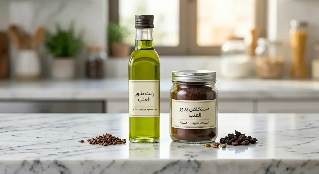 مقارنة بصرية بين كبسولات مستخلص بذور العنب وزجاجة زيت بذور العنب