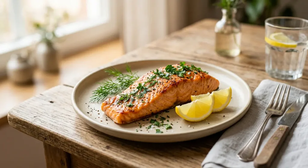 طبق سلمون مشوي مع شرائح ليمون وأعشاب طازجة يُعد من أفضل الأطعمة الغنية بأحماض أوميغا 3 لنضارة البشرة