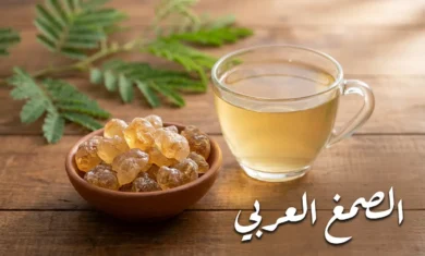 قطع صمغ عربي ذهبية شفافة في وعاء فخاري بجانب كوب ماء مذاب فيه الصمغ العربي على طاولة خشبية مع غصن أكاسيا أخضر في الخلفية ونص "الصمغ العربي"