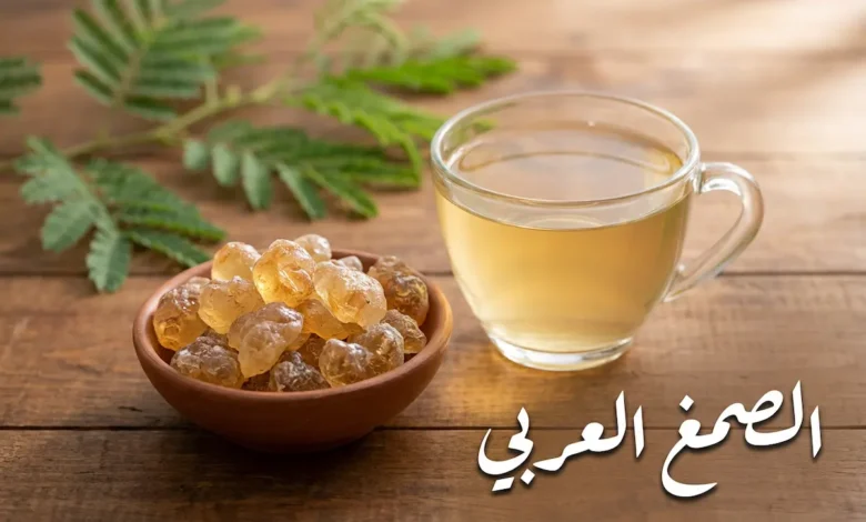 قطع صمغ عربي ذهبية شفافة في وعاء فخاري بجانب كوب ماء مذاب فيه الصمغ العربي على طاولة خشبية مع غصن أكاسيا أخضر في الخلفية ونص "الصمغ العربي"