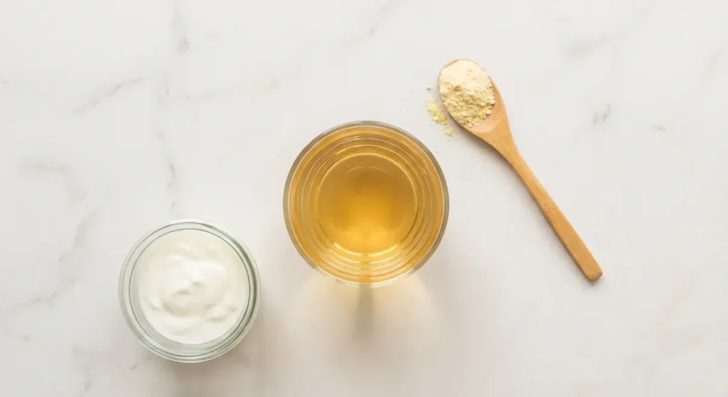 كوب زجاجي يحتوي على صمغ عربي مذاب في ماء فاتر ذهبي اللون بجانب ملعقة مسحوق الصمغ ووعاء زبادي على سطح مطبخ رخامي