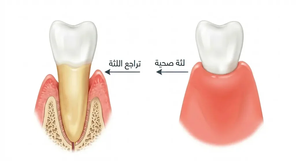  مقارنة توضيحية بين لثة صحية تغطي عنق السن ولثة منحسرة تكشف جذر السن وتسبب الحساسية