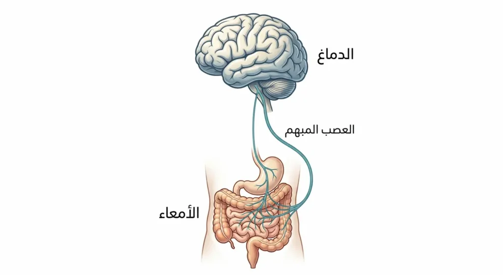 رسم توضيحي طبي يُظهر المحور الدماغي المعوي والاتصال بين الدماغ والأمعاء عبر العصب المبهم