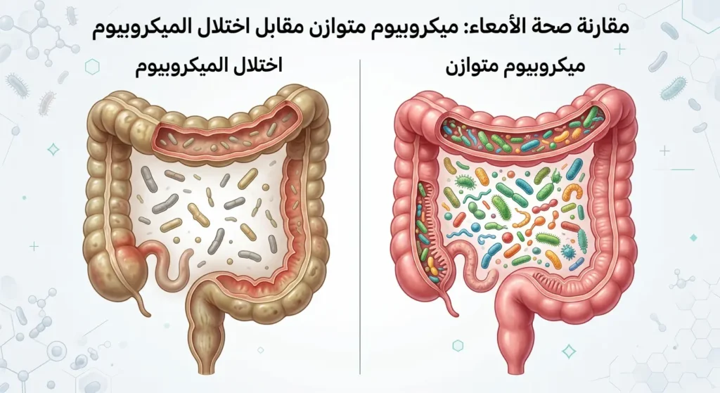  رسم توضيحي يقارن بين الميكروبيوم المعوي المتوازن والميكروبيوم المختل بسبب النظام الغذائي الغربي