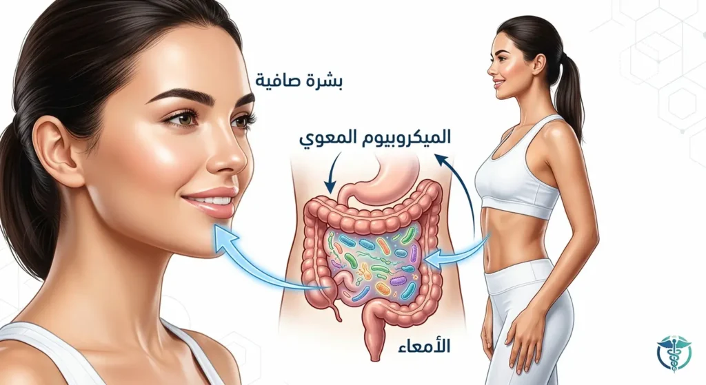 رسم توضيحي علمي يُظهر العلاقة بين صحة الأمعاء والميكروبيوم المعوي وصفاء البشرة ونضارتها