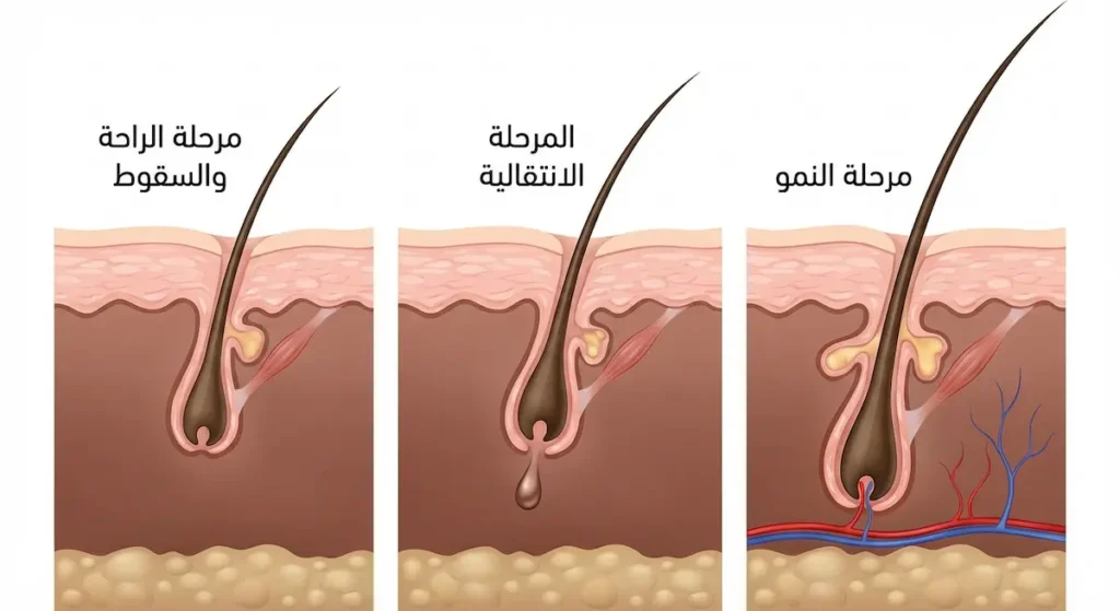  رسم تخطيطي يوضح المراحل الثلاث لدورة نمو الشعر من مرحلة النمو إلى المرحلة الانتقالية ثم مرحلة الراحة والسقوط