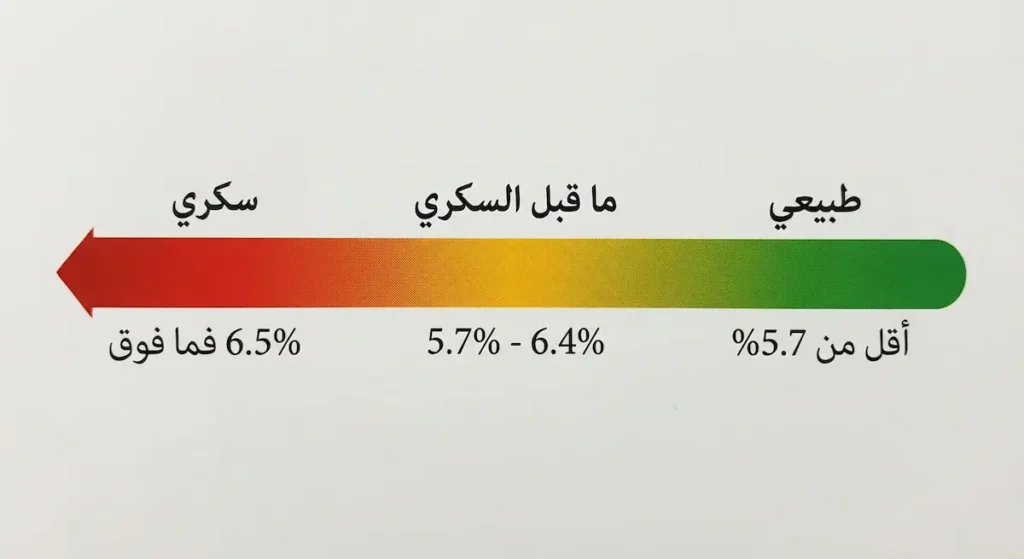 شريط متدرج الألوان يوضح نطاقات السكر التراكمي: أقل من 5.7 بالمئة طبيعي باللون الأخضر، من 5.7 إلى 6.4 بالمئة ما قبل السكري باللون البرتقالي، و6.5 بالمئة فما فوق سكري باللون الأحمر