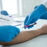 يد فنّي مختبر يرتدي قفازاً طبياً يسحب عينة دم من ذراع شخص بالغ مع ورقة نتيجة تحليل مكتوب عليها تحليل السكر التراكمي HbA1c