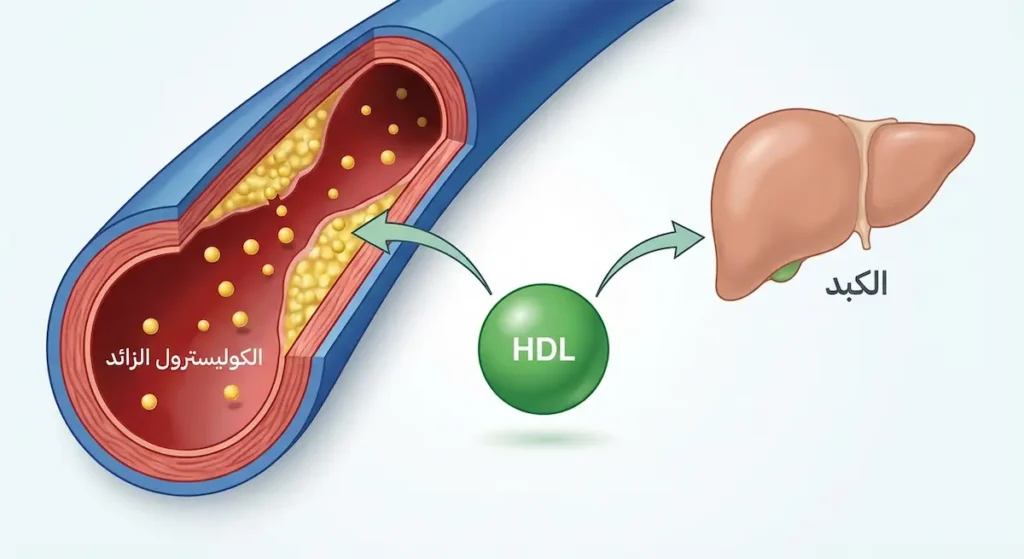 رسم توضيحي يُظهر جزيء HDL وهو يلتقط الكوليسترول الزائد من جدار الشريان وينقله إلى الكبد