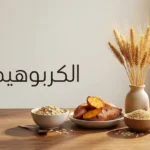 تشكيلة من مصادر الكربوهيدرات الصحية تشمل الشوفان والبطاطا الحلوة والأرز البني والفواكه الطازجة مرتبة على طاولة خشبية مع عنوان الكربوهيدرات