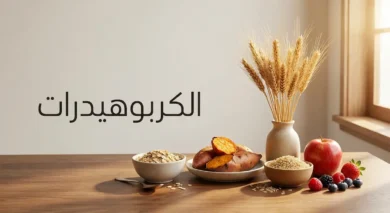 تشكيلة من مصادر الكربوهيدرات الصحية تشمل الشوفان والبطاطا الحلوة والأرز البني والفواكه الطازجة مرتبة على طاولة خشبية مع عنوان الكربوهيدرات