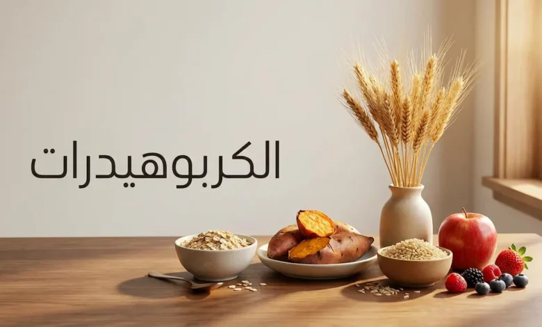 تشكيلة من مصادر الكربوهيدرات الصحية تشمل الشوفان والبطاطا الحلوة والأرز البني والفواكه الطازجة مرتبة على طاولة خشبية مع عنوان الكربوهيدرات