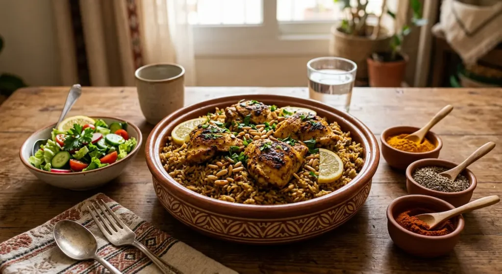 طبق كبسة دجاج صحية مُحضَّر وفق نظام داش الغذائي بأرز بني ودجاج بدون جلد وبهارات طبيعية بدلاً من مكعبات المرق مع سلطة خضراء جانبية