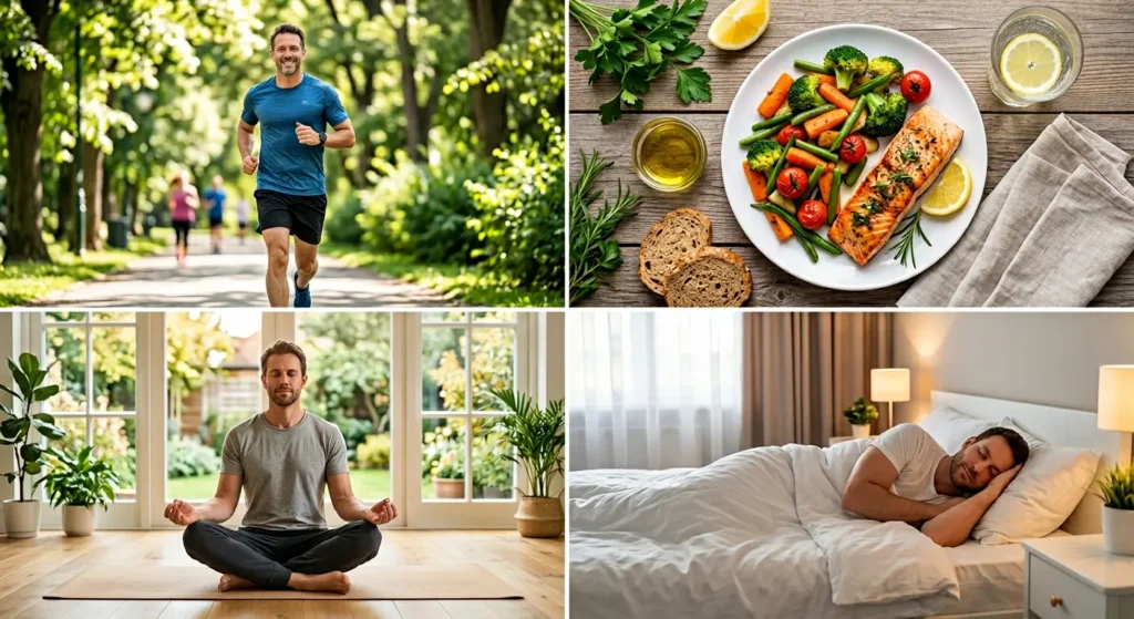 أربع صور تُظهر عناصر نمط الحياة الصحي من غذاء ورياضة ونوم واسترخاء