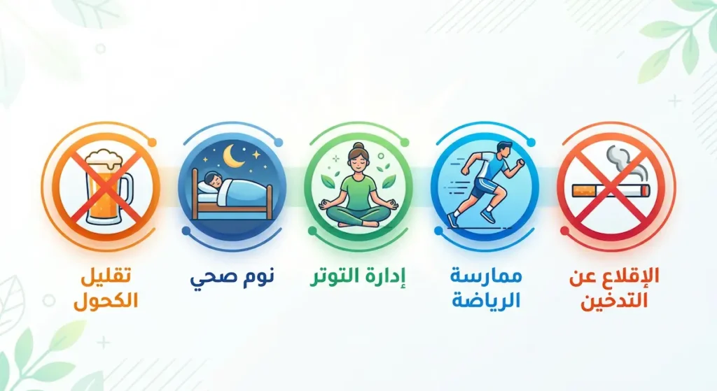  أيقونات توضيحية لخمس عادات صحية تعزز الصحة الجنسية