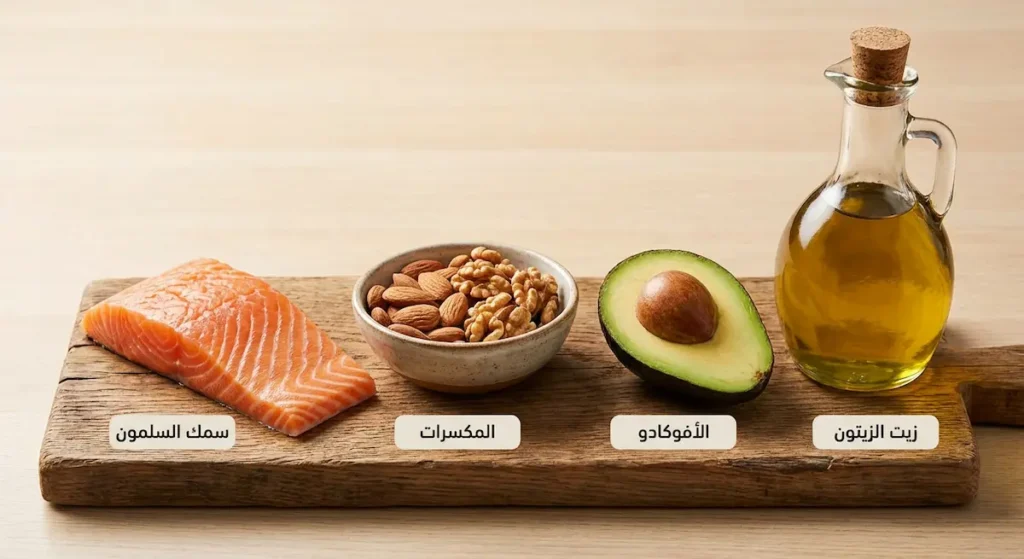 تشكيلة من مصادر الدهون الصحية تشمل زيت الزيتون والأفوكادو والمكسرات وسمك السلمون