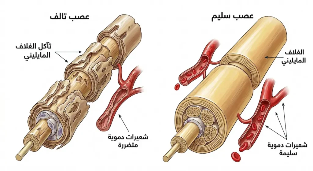 رسم توضيحي طبي يُقارن بين عصب طرفي سليم بغلاف مايليني سليم وشعيرات دموية مفتوحة وعصب تالف بغلاف متآكل وشعيرات متضررة بسبب السكري