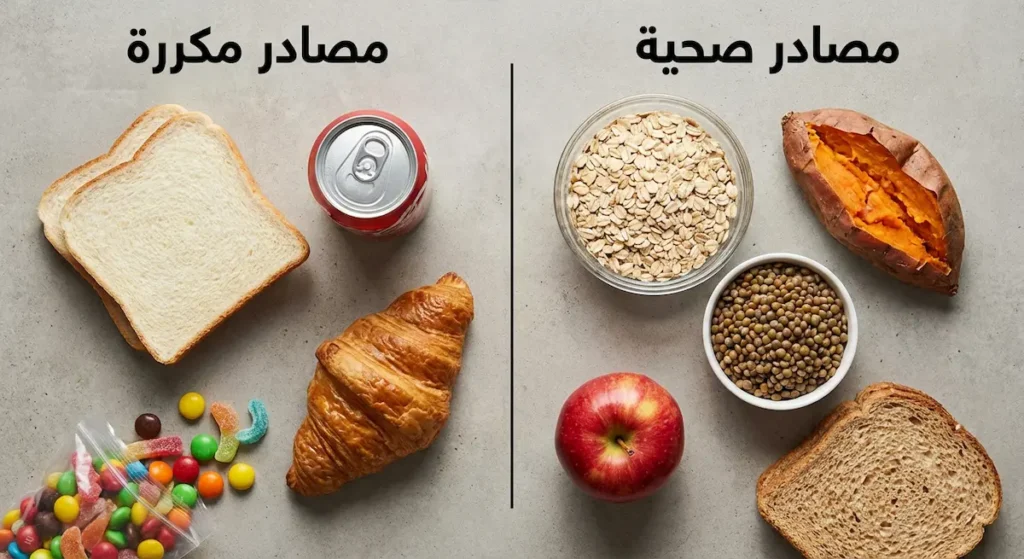 مقارنة بصرية بين الكربوهيدرات الصحية كالشوفان والبطاطا الحلوة والكربوهيدرات المكررة كالخبز الأبيض والمشروبات الغازية