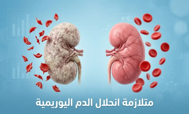 صورة غلاف توضح متلازمة انحلال الدم اليوريمية مع مقارنة بين كلية سليمة وكلية متضررة وكريات دم حمراء طبيعية ومتكسرة